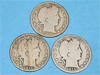 3-1915 S Silver Barber Half Dollar COins