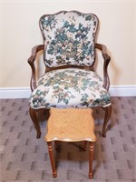 UPHOLSTERED ARM CHAIR + END TABLE