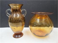 Art Glass Amber Vase & Pot 8" & 11"