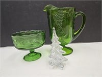 Indiana Green Glass Pitcher,Glass Christmas Tree+