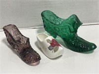 3 Shoe Figures - Green Glass, Purple Glass and