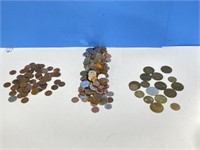 Tin of Foreign Coin, Tokens and Canadian Pennies