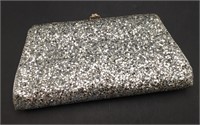 Sparkly Silver Clutch Bag has Rose Snap