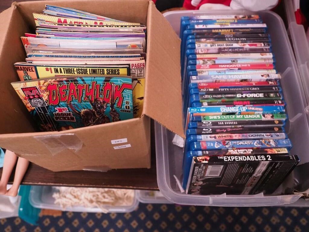 Container of Blu-Ray/DVD movies and a box of