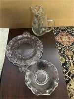 SILVER OVERLAY PITCHER, PLATE AND BOWL