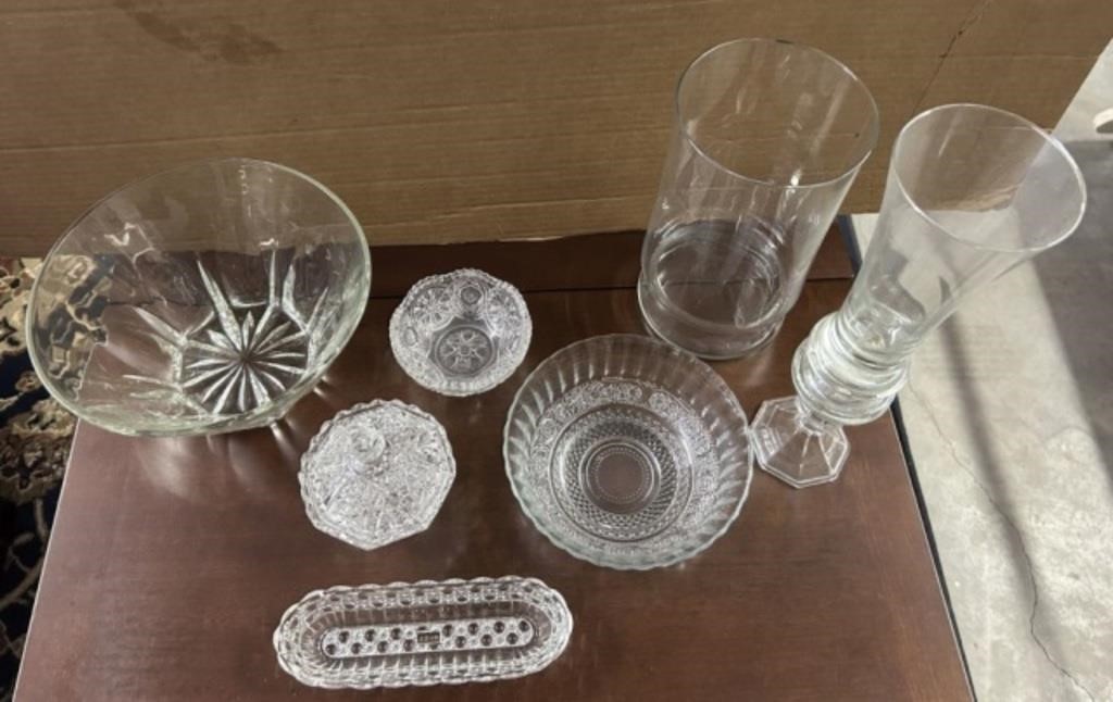 ASSORTED CUT GLASS, GLASS VASES,