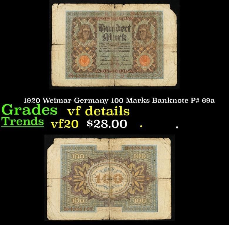 1920 Weimar Germany 100 Marks Banknote P# 69a Grad