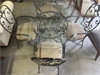 BEVELED GLASS IRON BASE TABLE AND 4 CHAIRS