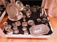 33 pieces of pewter: pairs of candlesticks,