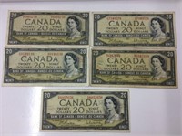 5x 1954 Canadian 20 Dollar Bills