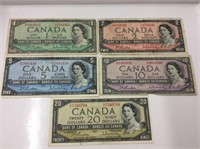 5x 1954 Canadian Bills 1,2,5,10,20 Dollar Bills