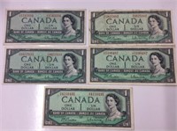 5x 1954 Canadian 1 Dollar Bills