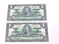 2x Consecutive 1937 Canadian Dollar Bills