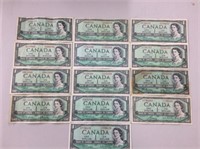 13x 1954 Canadian 1 dollar Bills
