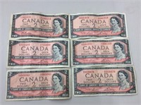 6x 1954 Canadian 2 dollar Bills
