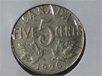 1926-n6 Canadian 5 Cent Coin