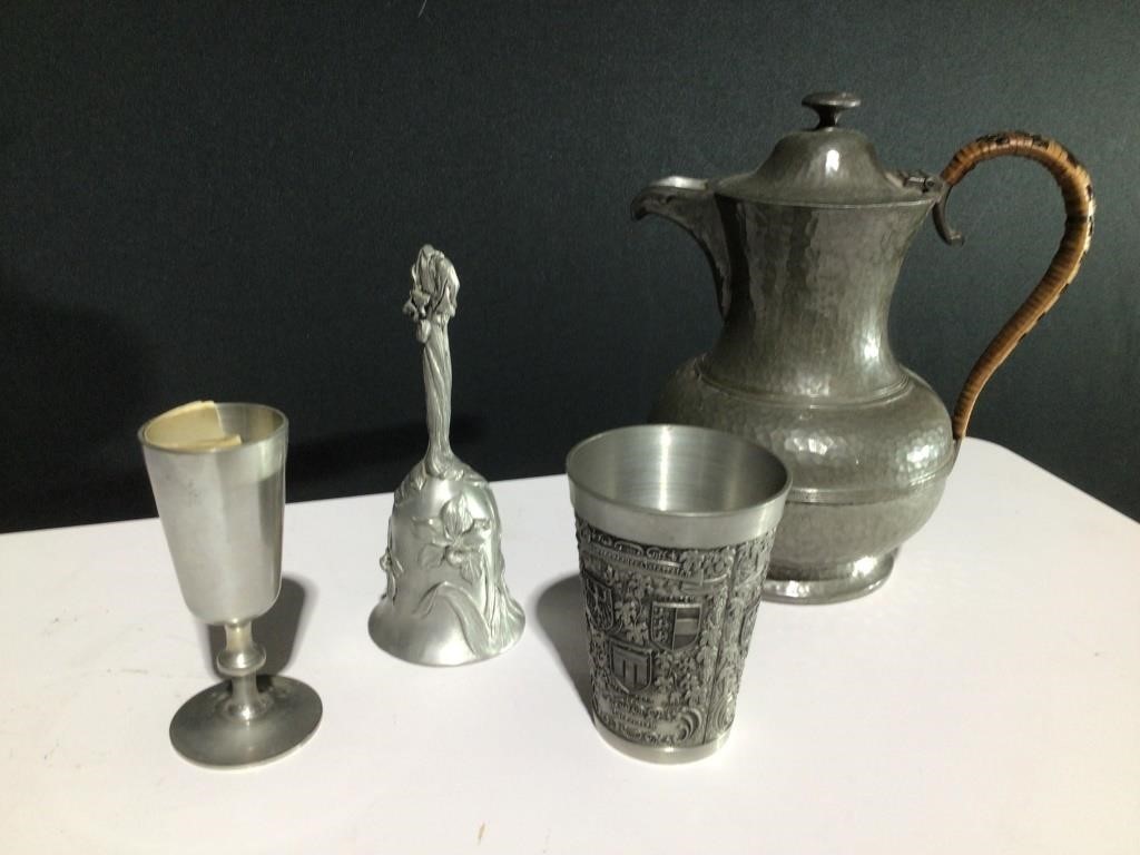 (4) Pewter Teapot,Bell,Glasses