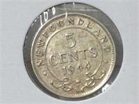 1944 Newfoundland 5 Cent Coin (au50)