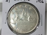 1936 Canadian silver dollar (au55)