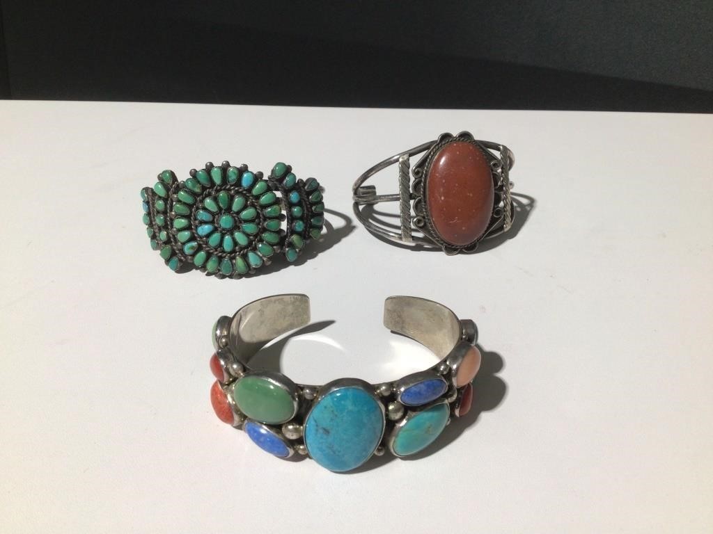 (3) Sterling & Turquoise Cuff Bracelets Lot