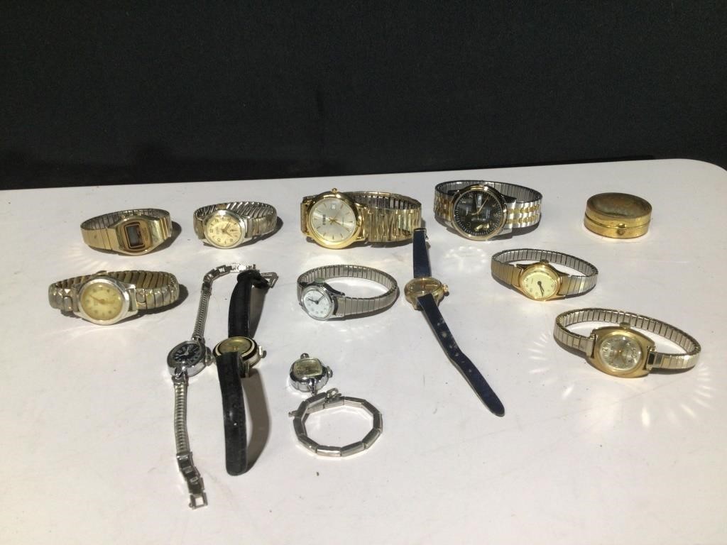 (12) Vintage Watches & Small Pill Box Lot Timex,