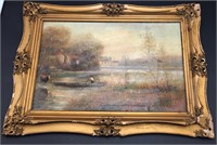 Vintage Oil Painting with Boy in Boat