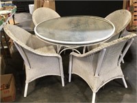 White Wicker Round Glass Top Patio Table & 4