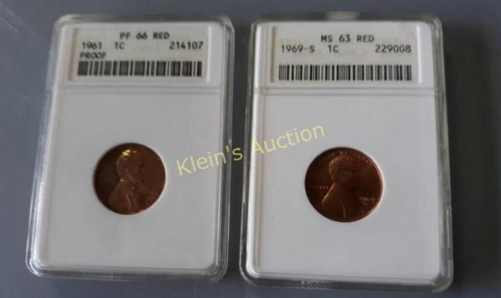 2 Graded 1969S & 1961 Lincoln Cent Coins