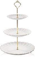 3 Tier Ceramic Cake Stand, White/Gold, 10" x 13.6"