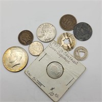 VARIOUS COINS & TOKENS SOME SILVER 
1964 HALF