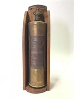 Vtg QuickAid Brass Fire Extinguisher & Wood Box