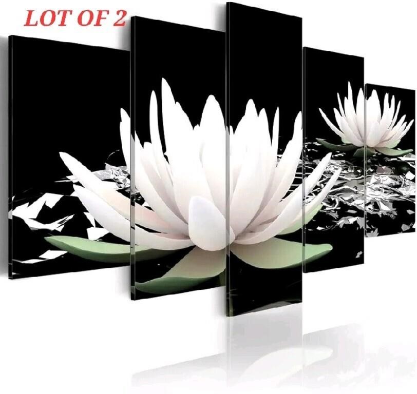 LOT OF 2 - 5 Panel Lotus Flower Paintings Black an