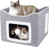 Foldable Cat House with Bed, Fluffy Ball Hanging,