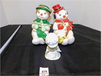 2 vintage snowman shelf sitters and 1 angel
