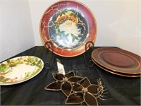 Christmas plates, stained glass poinsettia décor