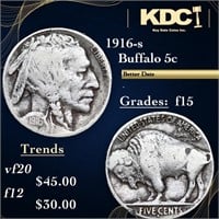 1916-s Buffalo Nickel 5c Grades f+