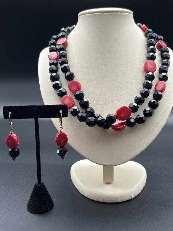 Sterling Silver Black Bead & Coral Necklace &