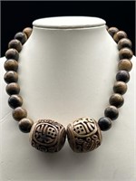 Sterling Silver Tiger Eye & Carved Beads Necklace
