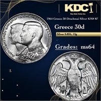 1964 Greece 30 Drachmai Silver KM# 87 Grades Choic