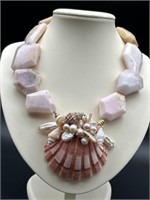 Natural Agate, Pearls & Shell Necklace w/ Hidden