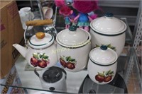 APPLE DECORATED CANISTERS AND KETTLE