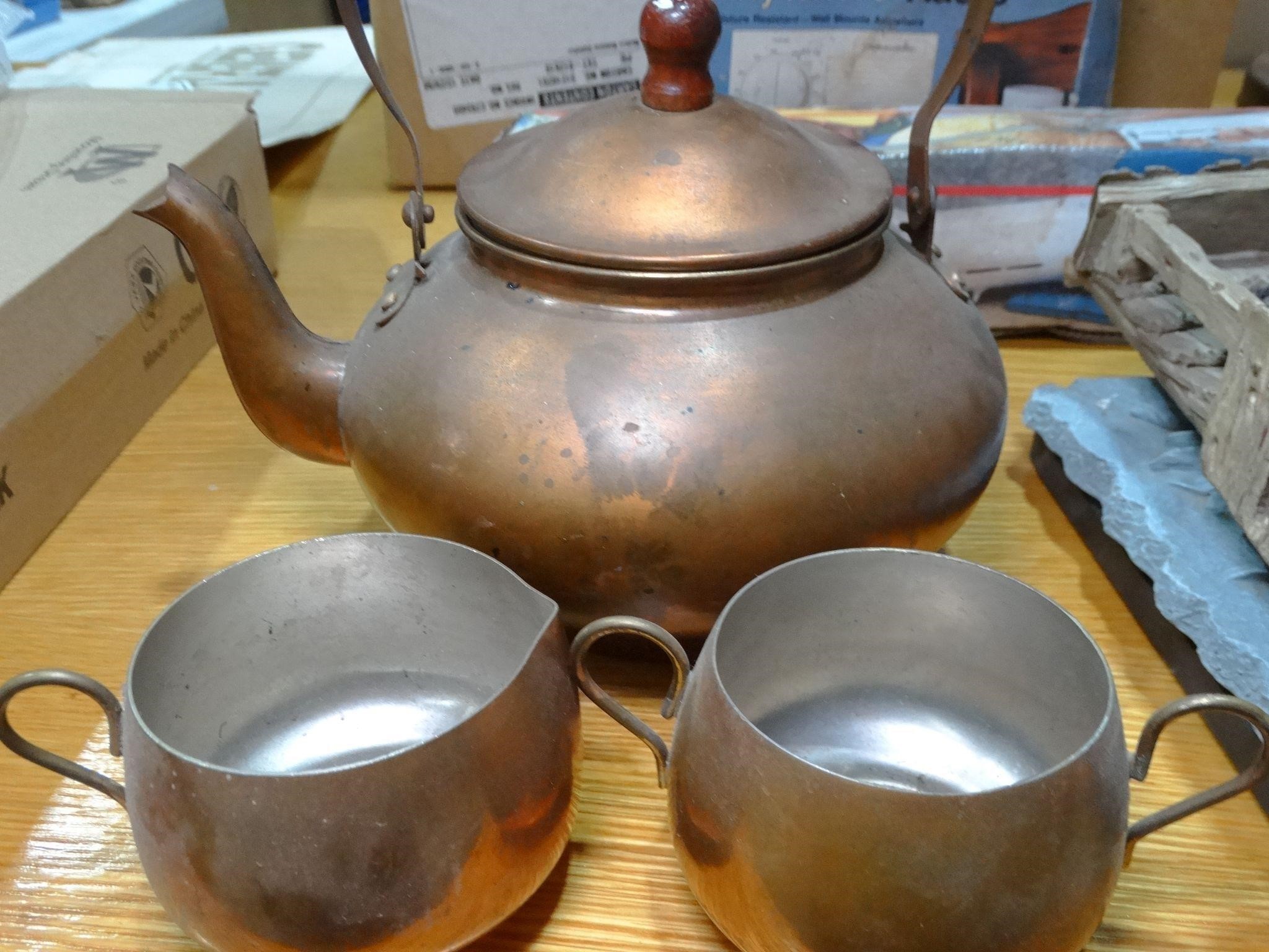 Copper Tea Kettle Sugar Bowl & Creamer