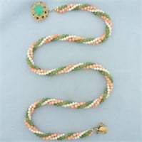 Jade, Pink Skin Coral, and Pearl Necklace in 14k Y