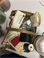 lot of sewing supplies, jar of buttons and small