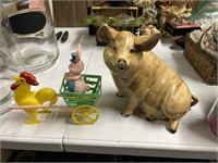 vintage rooster and bunny in cart plastic toy