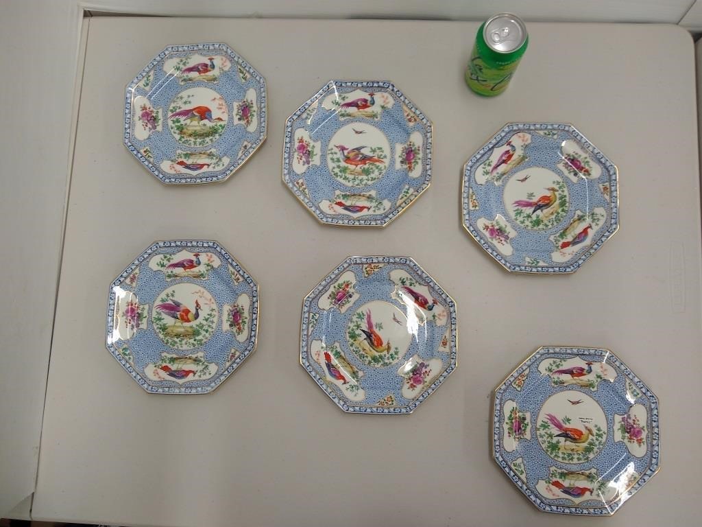 6 antique hand painted exotic bird octagon plates