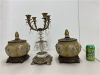 2 decorative covered jars & brass, marble &