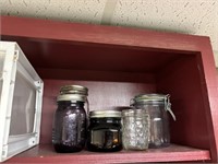 lot of ball jars, some colored , storage jar,