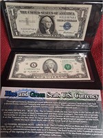 BLUE SEAL $1 DOLLAR NOTE & 2 DOLLAR BILL IN SLEEVE