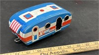 Tin Toy House Trailer 6" long. Missing one door.